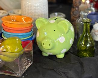 Ceramic Piggy Bank, Vintage colored bowls and bottles