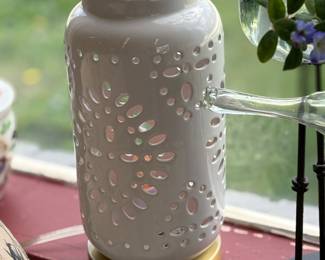 Pierced Ceramic Light/Lantern, brass base, electric