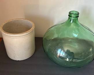 Crock and Large Green Glass Bottle