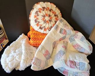 Vintage Double Wedding Ring Quilt, Crocheted Afghan, Pillow  Shawl