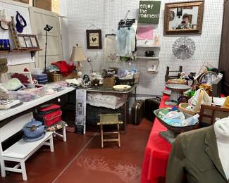 Fabric, doilies, cabinet hardware,