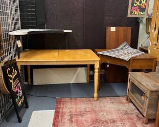 Pine kitchen table, corner cabinet, Ethan Allen desk, end tables