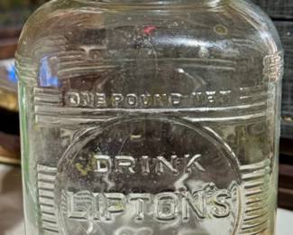 Vintage glass "Drink Lipton Tea" jar.