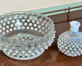 Hobnail milk glass bowl and bud vase.