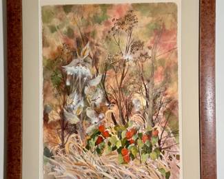 Signed Peg Strohmenger floral watercolor.