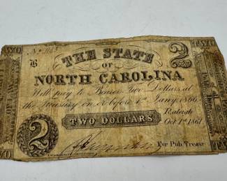 1861 $2 North Carolina obsolete bank note.