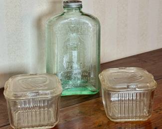 Vintage GE refrigerator green glass water bottle and storage containers.
