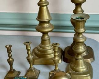 Brass candlesticks and miniature brass.