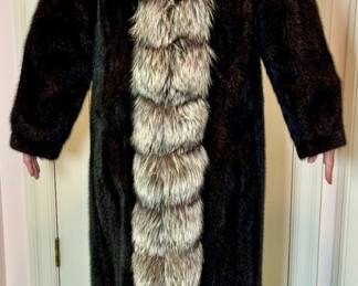Ladies silver tip dyed racoon full length fur coat.