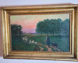 19th C. shepherdess, sheep and dog painting.