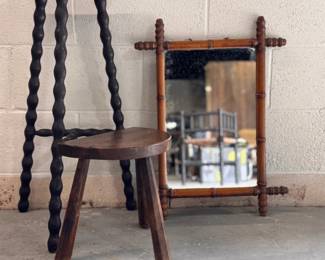 french milking stool, french bobbin plant stand, french faux bamboo mirror