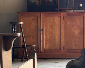 antique english oak sideboard, french benches, french faux bamboo mirror