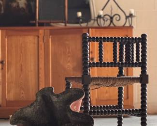 corner bobbin chair, willy guhl planter, wroght iron candelabras