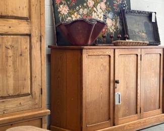 antique oak sideboard, english pine housekeeper's cupboard, french benches, willy guhl planter