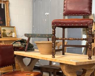 gray painted english pine cupboard, french oak trestle table