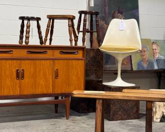 knoll saarinen tuip chair, milking benches, g plan sideboard, french benches