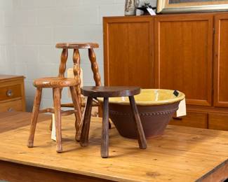 english pine kitchen table w/ extension, milking stools, pancheon, mid century sideboard