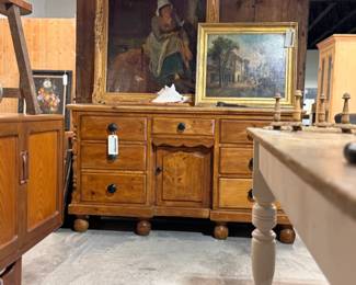 english pine dresser w/ dog kennel door, antique oil painting