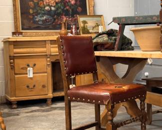 scottish pine dresser w/ dog kennel, antique leather side chair