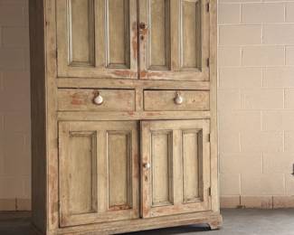 antique english pine housekeeper's cupboard, original green paint