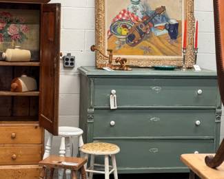 painted green antique french dresser, french oil on canvas of tablescape