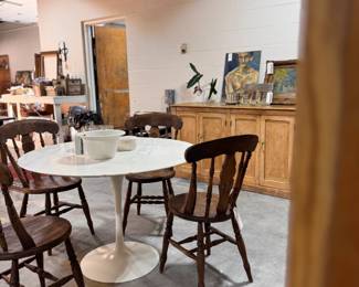 saarinen tulip table, english pine sideboard, english fiddle back chairs 