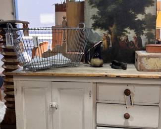 antique oil painting on canvas, painted white pine sideboard