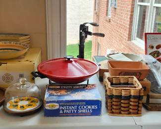 Wok, basket, cheeseball plates, stone cookware