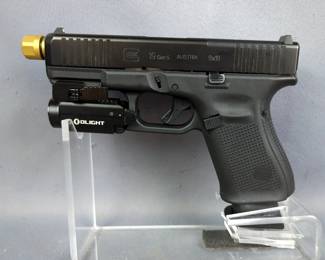 Austria Glock 19 Gen 5 9x19 Cal Pistol SN# CBPA087, Gold Tone Accents, Baldr Olight Flashlight/Green Dot Sight, Back Straps, Paperwork, In Hard Case