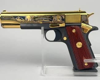 Colt 1911 Founding Fathers Second Amendment Tribute Colt .45 Auto Pistol SN# 2827444, Issued By America Remembers, Limited Edition, Numbered 67 Of 500, 24-Karat Gold And Nickel Accents Include Images Of Some Of The Founding Fathers, Independence Hall, Liberty Bell, US Flag, And More, With Certificate Of Authenticity, In Presentation Case 