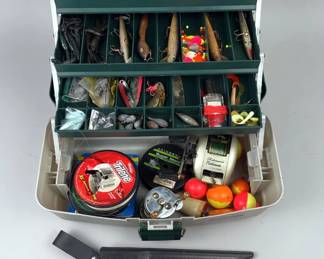  Plano Tackle Box With Contents, Including Lures, Shakespeare Platinum LX2000 Reel, Pflueger Skilkast Reel, Filet Knife, Line, And Bobbers
