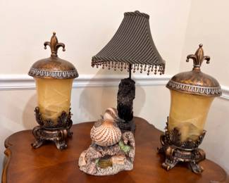 Pair Fleur-de-lis onyx lamps, beaded fringe shade lamp