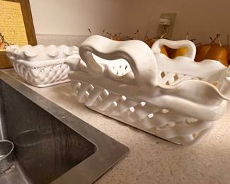 White ceramic basket-weave bowls and serving pieces