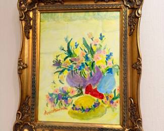 Signed floral still-life painting, ornate gold frame