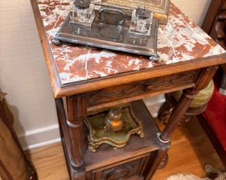 Victorian marble-top side table with antique inkwell stand