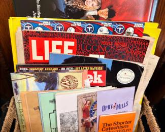 Basket of vintage LIFE magazines and books
