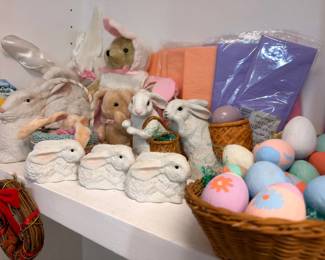 Easter decor ceramic bunnies and painted egg basket