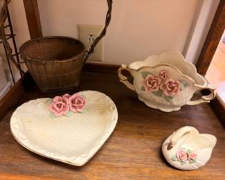 Capodimonte style rose porcelain heart plate and basket set