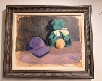 Signed teddy bear still life oil painting