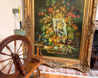 Fruit still life oil painting, ornate gilt frame, antique spinning wheel