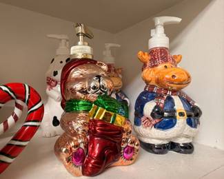 Christmas figural soap dispensers, candy cane, bear, moose