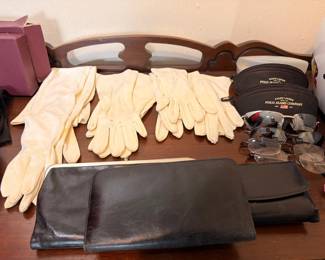 Vintage white kid gloves, Ralph Lauren Polo belts, leather clutches