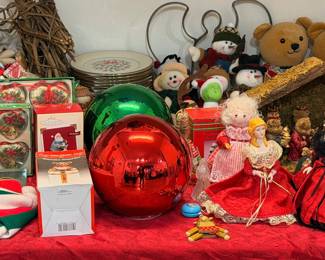 Christmas Hallmark ornaments, large mercury balls, snowmen, dolls