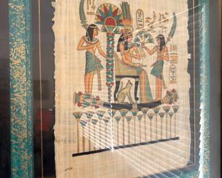 Egyptian papyrus painting in turquoise and gold frame