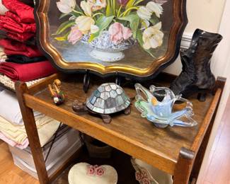 Tole tulip tray on wooden tea cart with curios