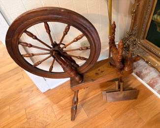 Antique wooden spinning wheel