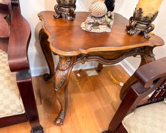 Ornate carved wood side table, cabriole legs