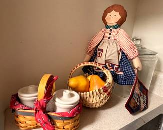 Country prairie doll, Longaberger baskets, crocks