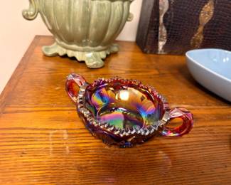 Amber marigold carnival glass handled nappy dish