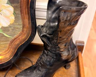 Victorian black ceramic Granny boot vase